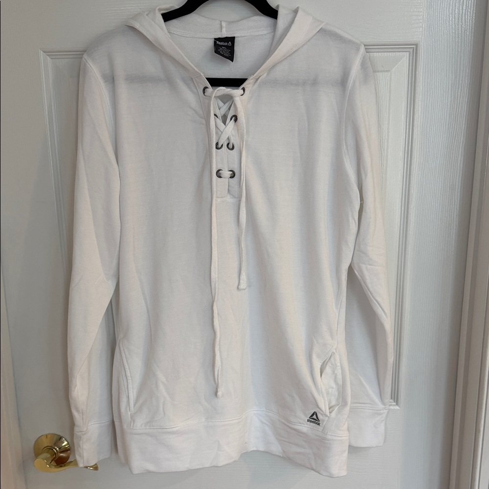 Reebok White Hoodie with Lace-Up Detail